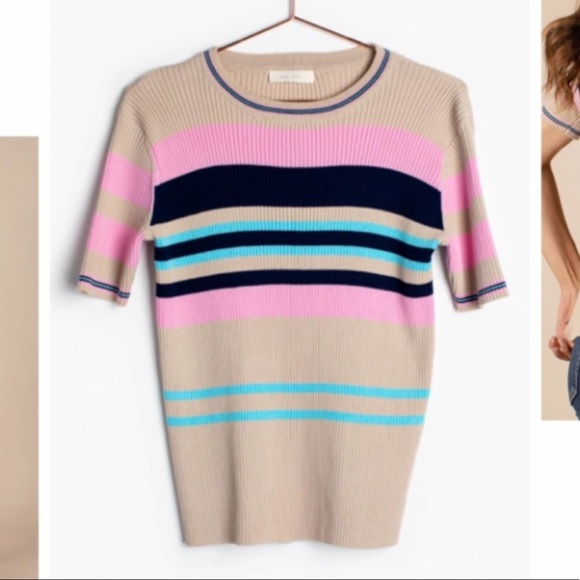Roolee Ribbed 3/4 Sleeve Pullover Beige Striped Pink Blue Sweater Sz S - Picture 8 of 11